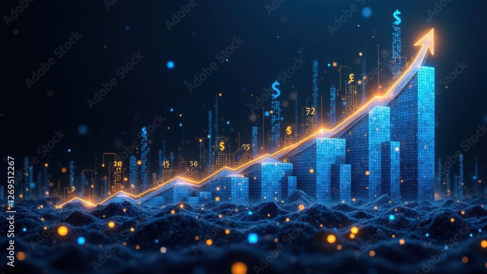 Aufkleber digital graphic showing financial growth with illuminated bars and data points against a dark backgr