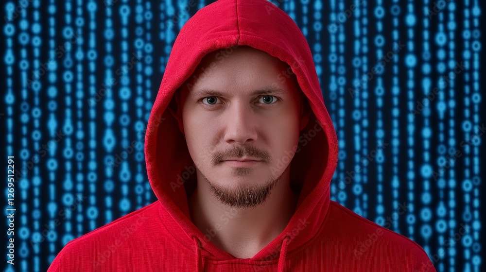 Poster close up portrait of a young person with a serious expression, wearing a red jacket against a blue b