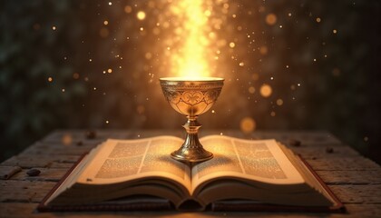 Sacred Golden Chalice Resting on Antique Book with Mystical Lighting