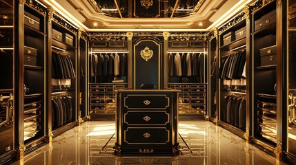 Elegant walk-in closet with luxury wardrobe and golden accents