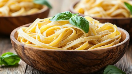 Fresh Tagliatelle Pasta in Wooden Bowls