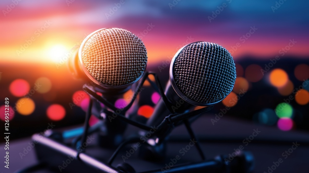 Poster vintage dynamic microphone on stage with blurred bokeh lights in the background for live performance