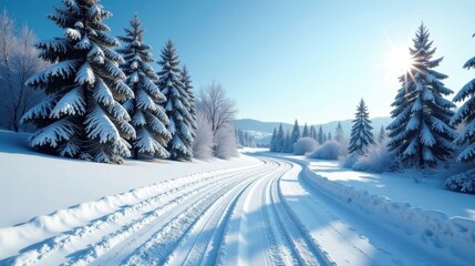 Serene Winter Road Winding Through Snow-Covered Evergreen Forest Under a Bright Sunny Sky