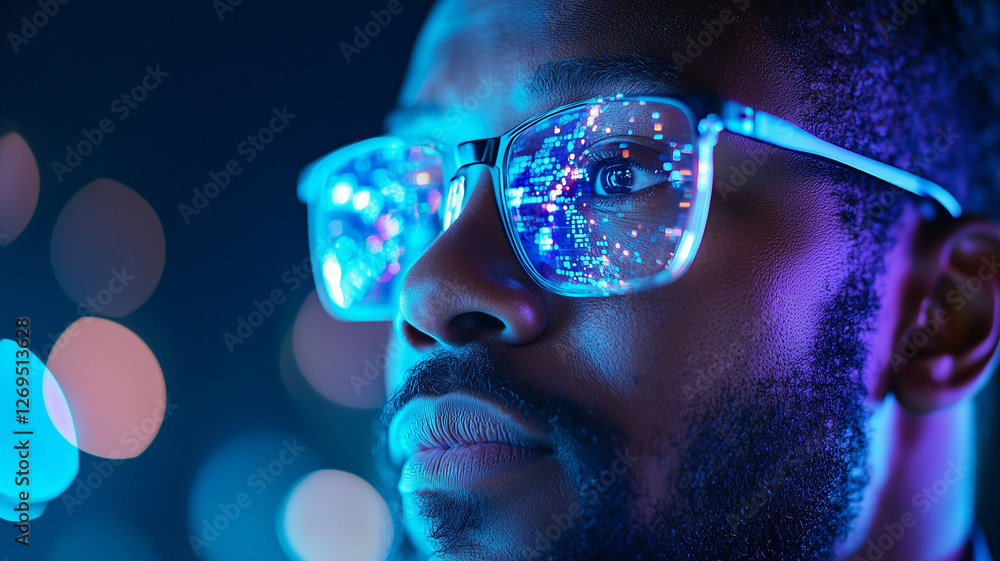 Poster man with glasses reflecting colorful digital data, showcasing technology and innovation. vibrant bok