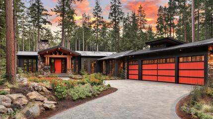 Fototapeta premium Luxury home exterior view at sunset showcasing architectural design and landscaping for real estate
