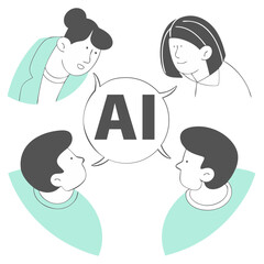Four people in a circle talking to artificial intelligence. Modern illustration, modern work