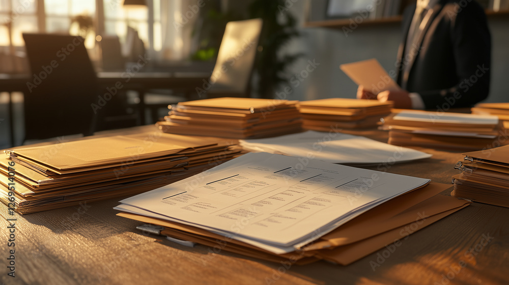 Aufkleber professional workspace with stacked files and documents, showcasing organization and productivity in