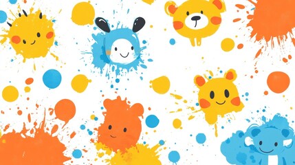 Playful Animal-Themed Splatter Paint Art, Bright Colors, Digital Illustration, Vibrant Environment, Top-Down View, Fun Concept