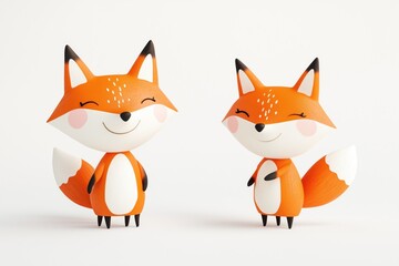 Fototapeta premium Cute fox figures with playful expressions displayed on a simple white background
