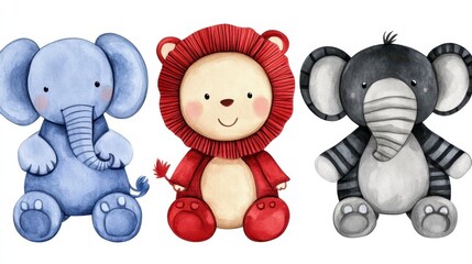 Three cuddly stuffed animals, a blue elephant, a red lion, and a gray elephant, sit side by side against a plain background. Watercolor style