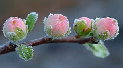 Frosty pink flower buds on branch, garden background, spring nature