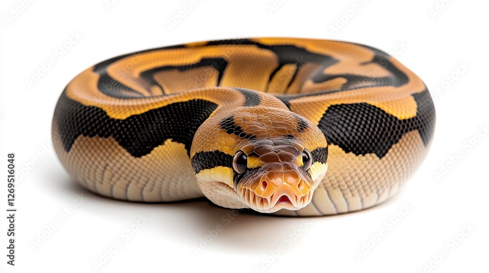 Poster close up view of a snake coiled on a white background. the snake is primarily yellow and black with 