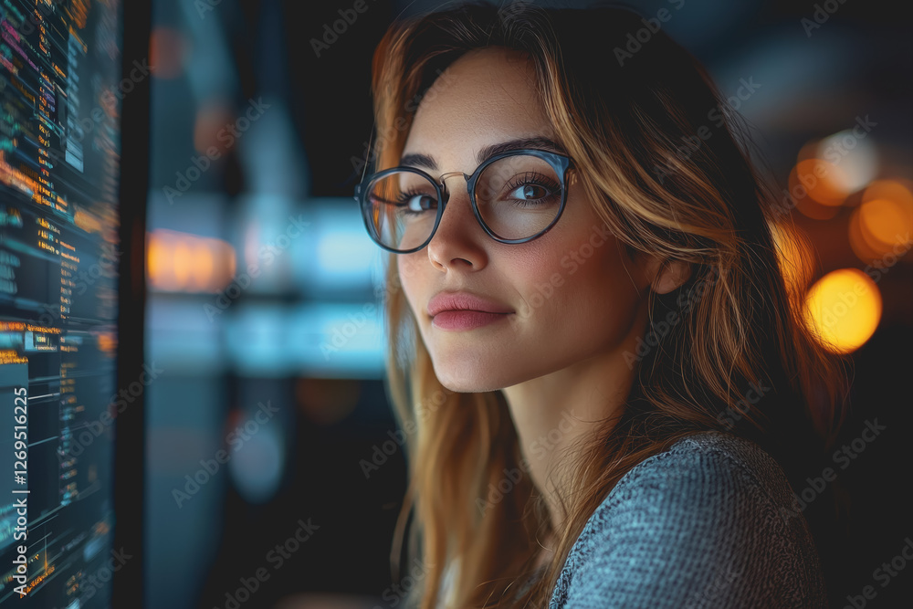 Poster woman using a computer while looking at the screen in a modern office environment