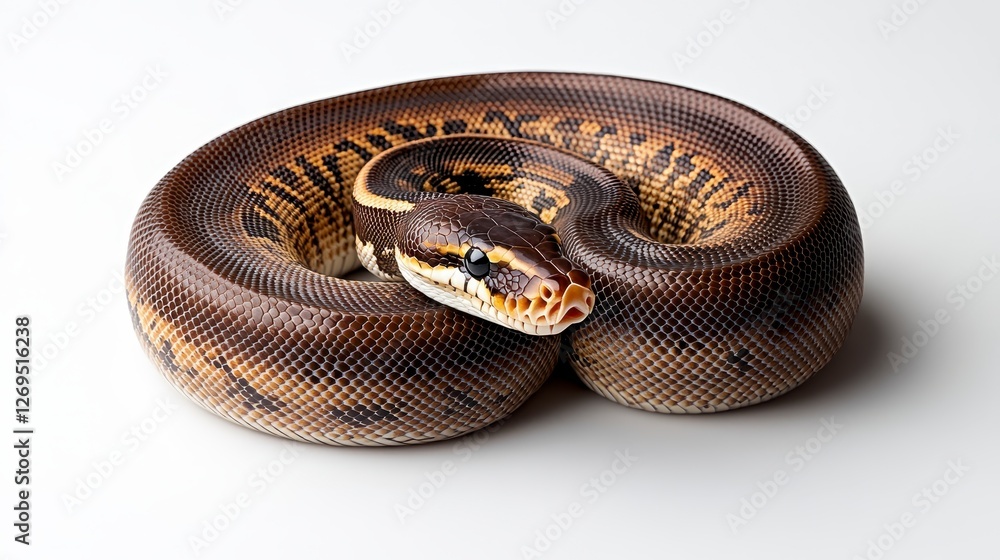 Poster close up of a brown and black snake coiled on a white background. the snake has a speckled pattern a