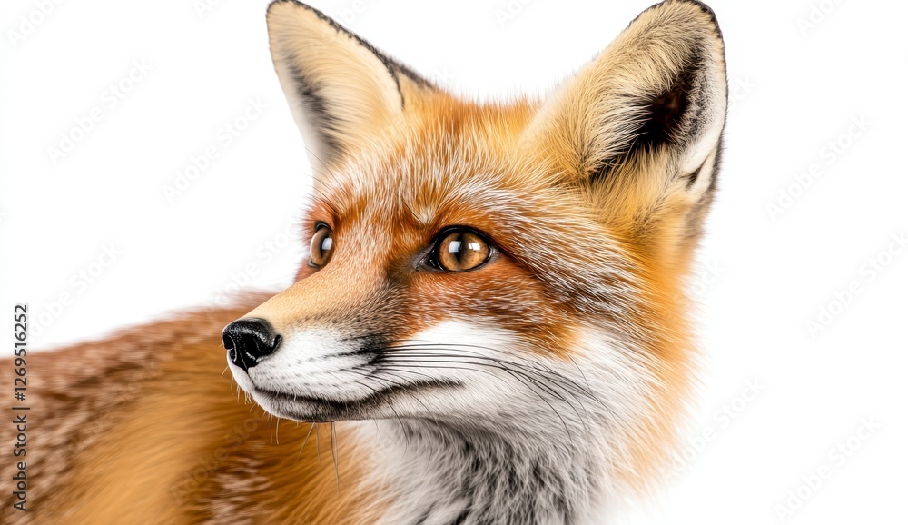 Poster close up of a red fox with snow on its fur, looking to the side against a plain background. the fox'