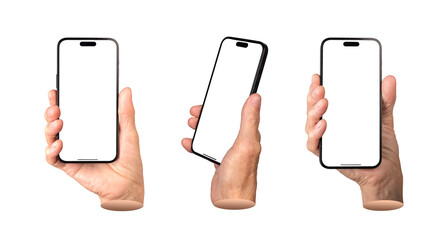 Set of elderly female hands holding smartphones with blank screens from various angles. Wrinkled fingers gripping mobile devices, showcasing technology use, app display, and advertising. Isolated on