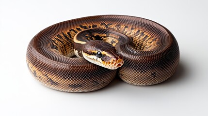 Obraz premium Close up of a brown and black snake coiled on a white background. The snake has a speckled pattern and is in focus. The image is well lit and shows