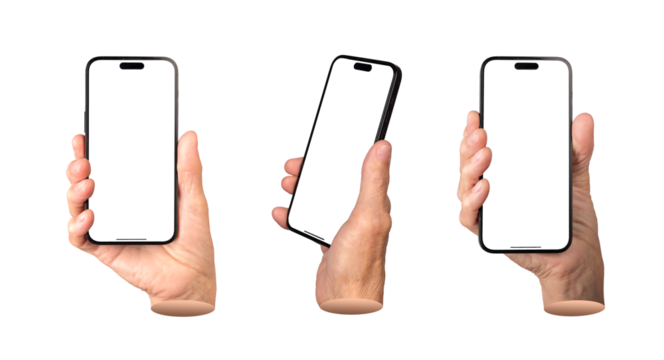 Set of elderly female hands holding smartphones with blank screens from various angles. Wrinkled fingers gripping mobile devices, showcasing technology use, app display, and advertising. Isolated on