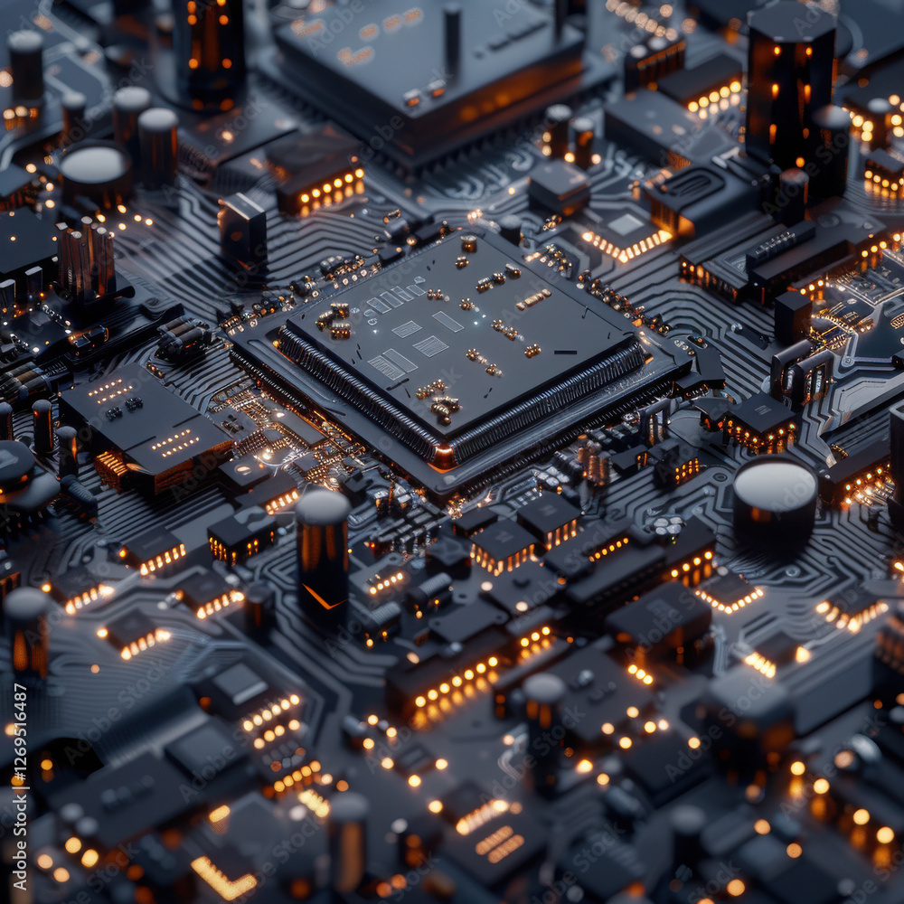 Aufkleber a high-resolution, realistic depiction of an ai electronic chip and cpu on a detailed circuit board,