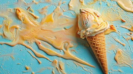 Melting vanilla ice cream cone on turquoise and golden background. Summer dessert with creamy swirls and drips. Sweet food art composition for menu, cafe, advertising