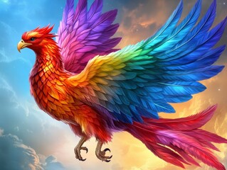 Fototapeta premium Colorful bird in flight against a dramatic sunset sky. Detailed feathers, majestic pose. Fantasy art, mythical creature