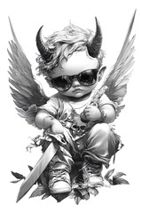 Mischievous Baby Angel Demon With Wings Sporting Shades Holds Sword In Monochrome Detailed Art