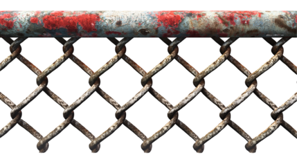 Rusty Chain Fence Red Paint Texture, Aged Iron Grid for Grunge Border Design, isolated on transparent background.