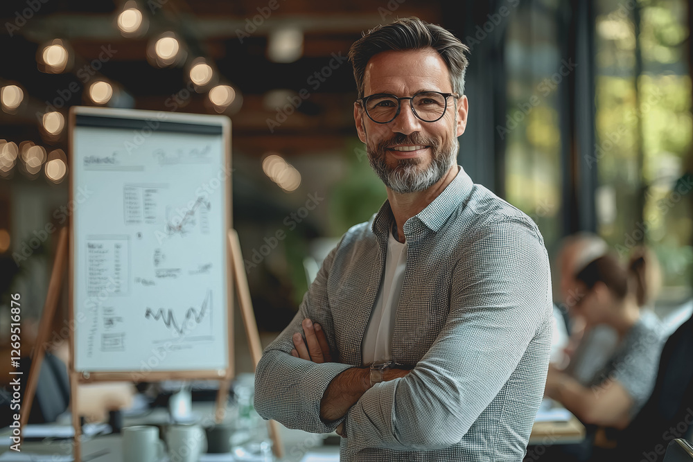 Poster man standing in front of a whiteboard with notes and diagrams during a presentation or meeting