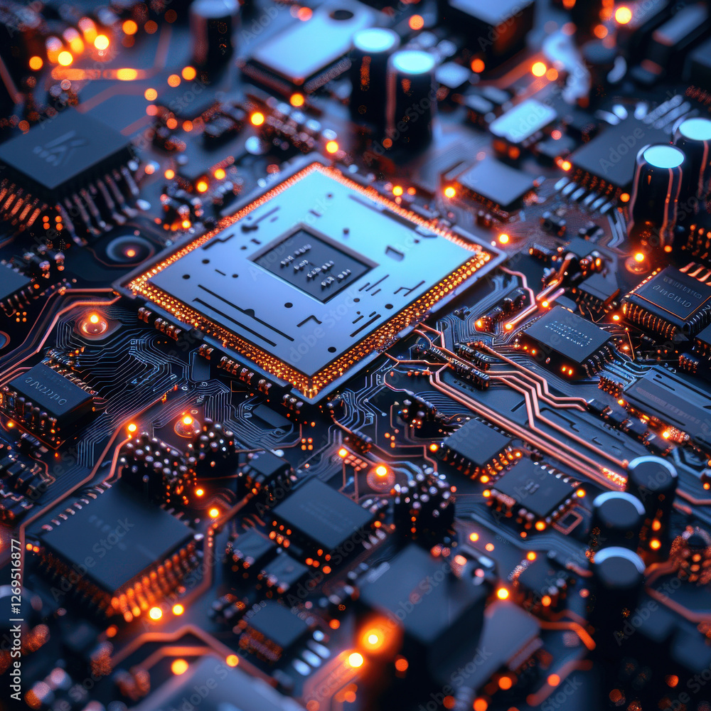Aufkleber a high-resolution, realistic depiction of an ai electronic chip and cpu on a detailed circuit board,