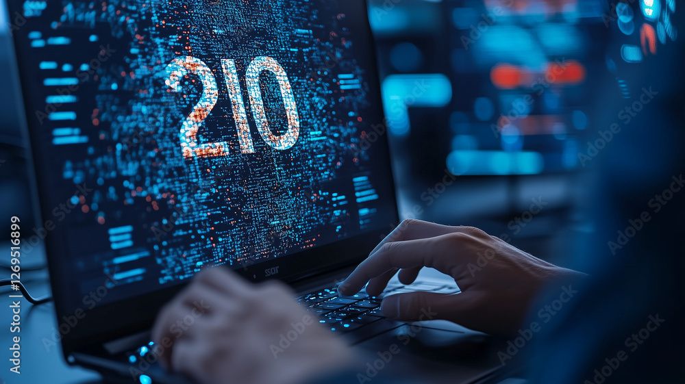 Poster person typing on laptop with digital display showing data and numbers, conveying sense of technology