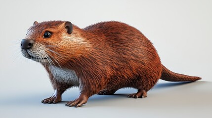 Low poly 3D rendering of a brown rodent resembling a nutria or coypu, detailed textured fur, light grey background, side view
