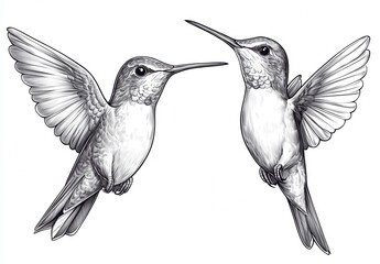 Obraz premium Two birds in flight, depicted in a detailed black and white ink drawing. The birds are shown in profile, wings outstretched, against a plain white