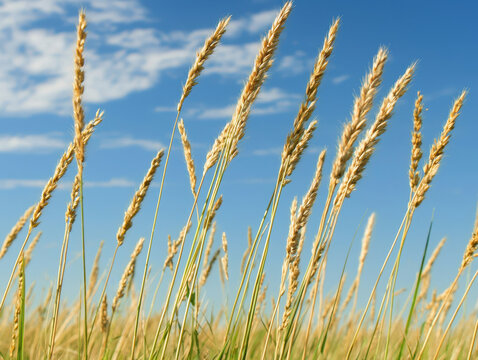 Tall golden green grass swaying under blue sky with clouds