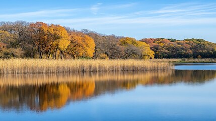 Autumnal trees reflected in calm lake water