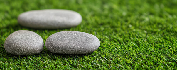 Smooth stones on lush green grass create serene zen garden scene