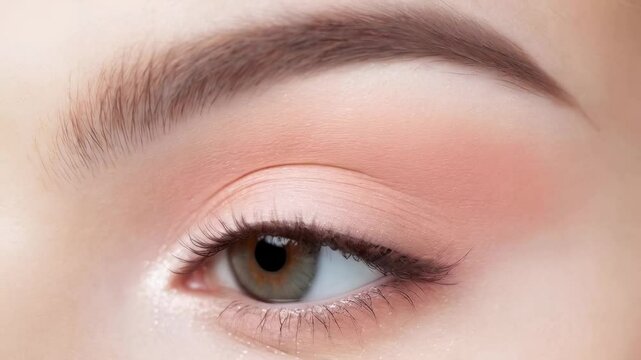 Detailed application of eye makeup using soft, warm tones creates a natural look. Defined lashes and expertly shaped eyebrows highlight the eye. The result is both subtle and striking