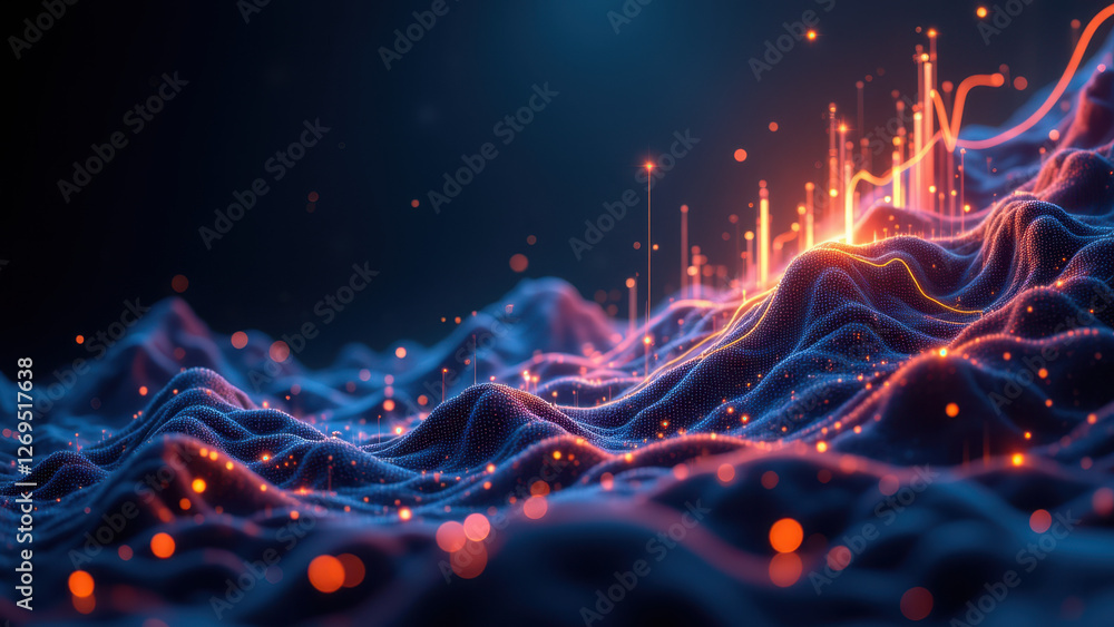 Poster a dynamic, abstract representation of financial growth with swirling patterns and glowing particles,