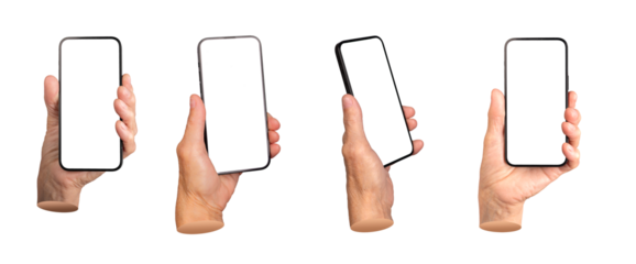 Set of elderly female hands holding smartphones with blank screens. Wrinkled fingers gripping mobile devices, showcasing technology use, app display, and advertising. Isolated on white background.