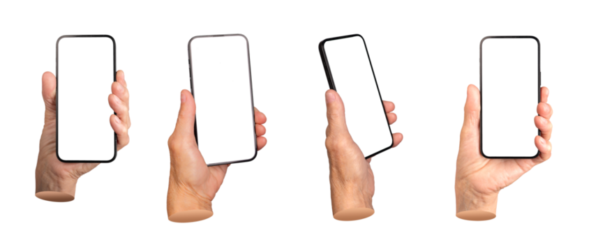 Set of elderly female hands holding smartphones with blank screens. Wrinkled fingers gripping mobile devices, showcasing technology use, app display, and advertising. Isolated on white background.