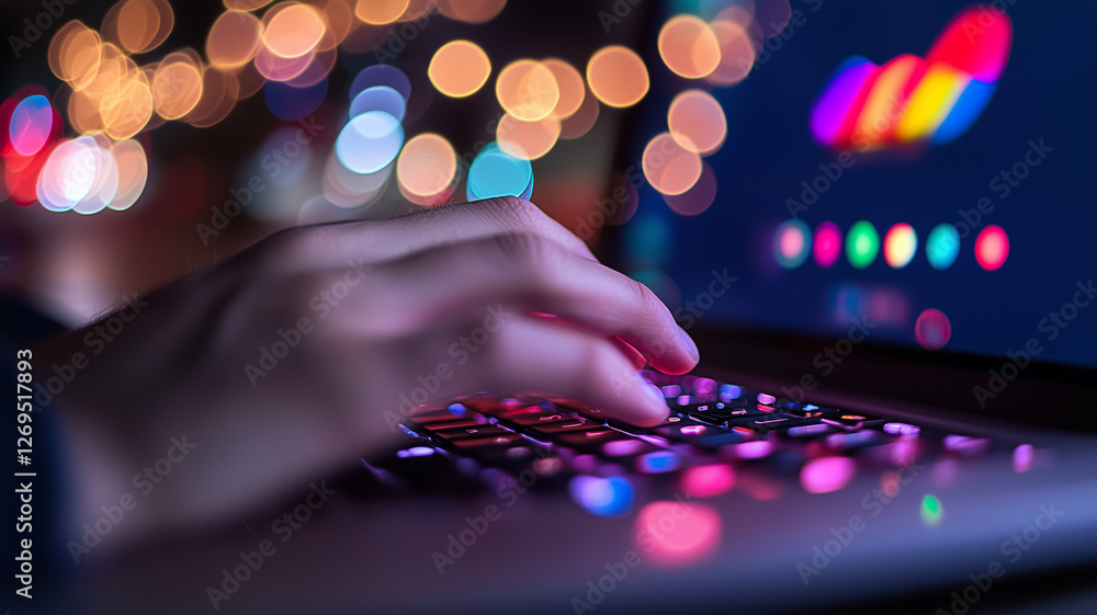 Poster person typing on laptop keyboard with colorful bokeh lights in background, creating vibrant and dyna