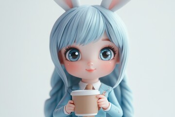 Adorable bunny-eared girl doll with light blue hair, holding a coffee cup.