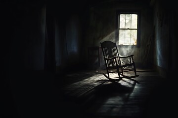 Old Rocking Chair In A Dark Room Lit By Sunlight Streaming Through A Window