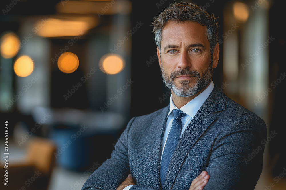 Aufkleber man in a suit and tie standing confidently with arms crossed in a professional setting