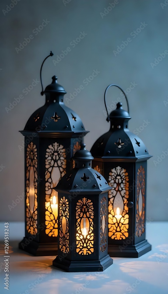 Poster generative ai, black ornate lanterns casting glowing patterns in the dark