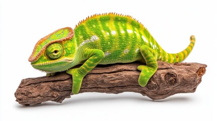 Fototapeta premium Vibrant green reptile perched on a dark brown branch against a stark white background. The reptile's skin displays intricate patterns and textures