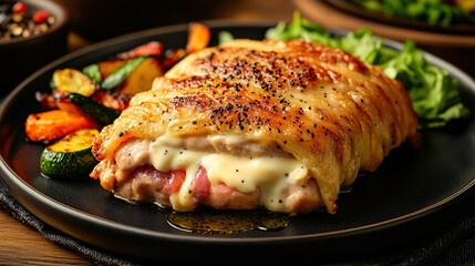 Golden-brown Chicken Cordon Bleu fresh from the oven, resting on a wooden cutting board, with melted cheese oozing out 