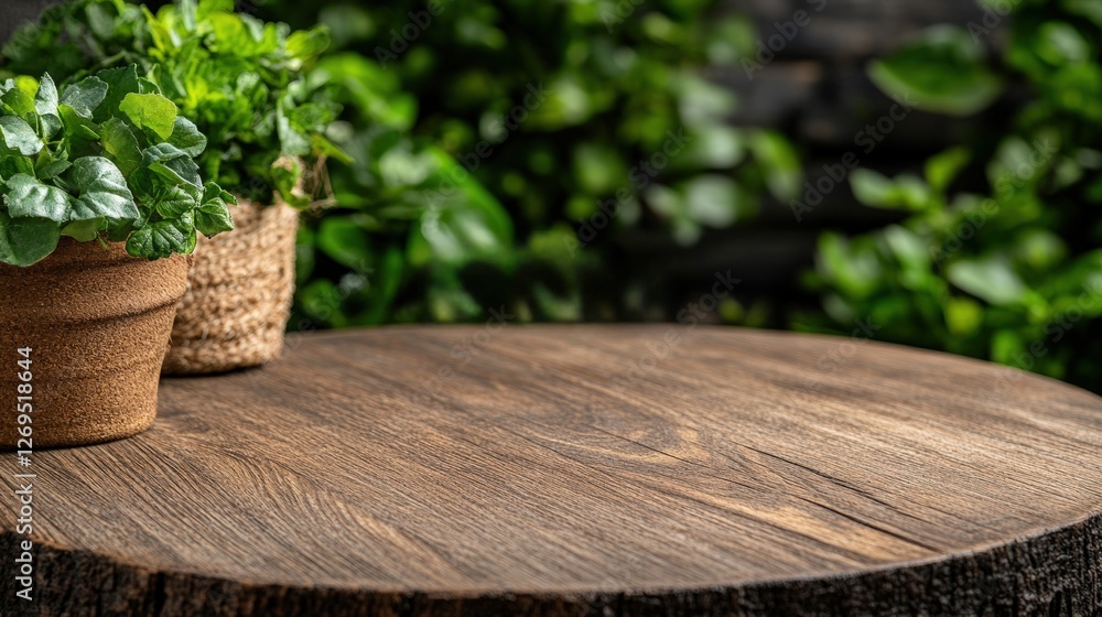 Aufkleber pot of fresh basil on a tree stump with empty wooden table and blurred background for culinary use