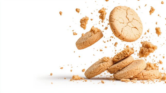 Cookie crumbs and pieces floating in the air with motion blur effect