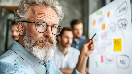 Experienced man presenting ideas on whiteboard during team meeting, showcasing collaboration and brainstorming in modern office environment