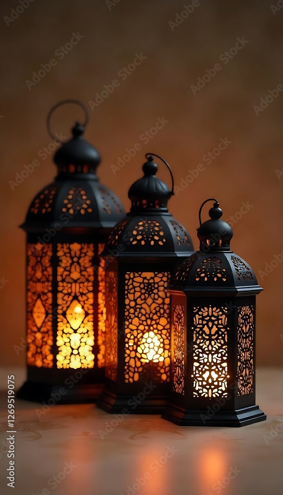 Poster generative ai showcases three intricately designed lanterns glowing warmly
